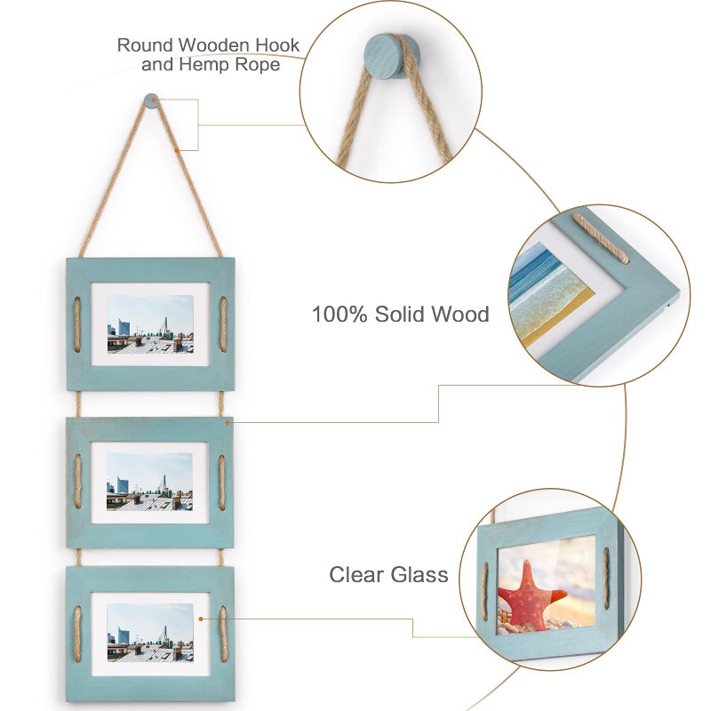 DLQuarts 5x7 Hanging Picture Frames Collage Wall Decor, Photo Frames 5x7 Without Mat & 3.5x5 with Mat, Rustic Wood 3-Frame, Ocean Blue, 2-Pack - Image 4